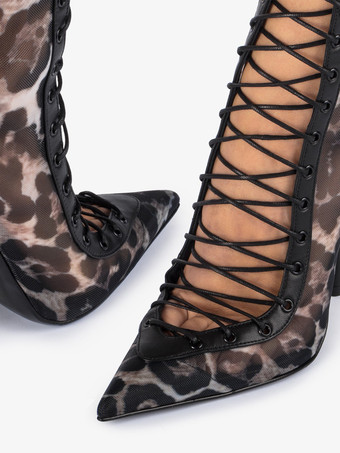 ハイヒールブーツ レディース メッシュ ポインテッドトゥ レースアップ アンクルブーツ