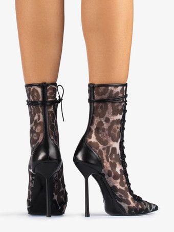 ハイヒールブーツ レディース メッシュ ポインテッドトゥ レースアップ アンクルブーツ