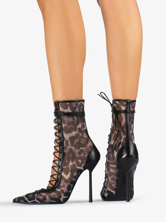 ハイヒールブーツ レディース メッシュ ポインテッドトゥ レースアップ アンクルブーツ