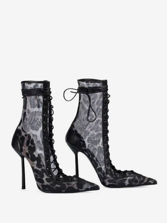 ハイヒールブーツ レディース メッシュ ポインテッドトゥ レースアップ アンクルブーツ