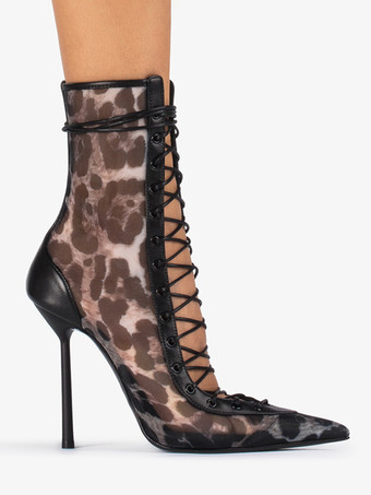 ハイヒールブーツ レディース メッシュ ポインテッドトゥ レースアップ アンクルブーツ