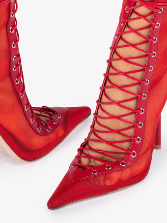 ハイヒールブーツ レディース メッシュ ポインテッドトゥ レースアップ アンクルブーツ