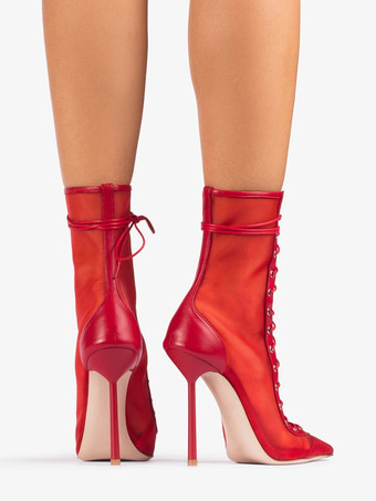 ハイヒールブーツ レディース メッシュ ポインテッドトゥ レースアップ アンクルブーツ