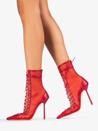 ハイヒールブーツ レディース メッシュ ポインテッドトゥ レースアップ アンクルブーツ