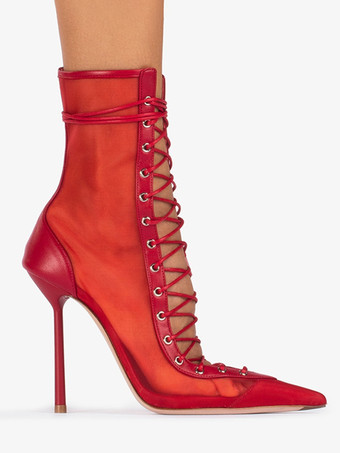 ハイヒールブーツ レディース メッシュ ポインテッドトゥ レースアップ アンクルブーツ