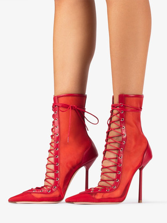 レッド ハイヒールブーツ レディース メッシュ ポインテッドトゥ レースアップ アンクルブーツ