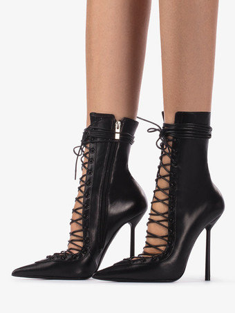 ブラック ブラックのアンクルブーツ、レースアップ、ポインテッドトゥ、ハイヒール、ハイヒールブーティ