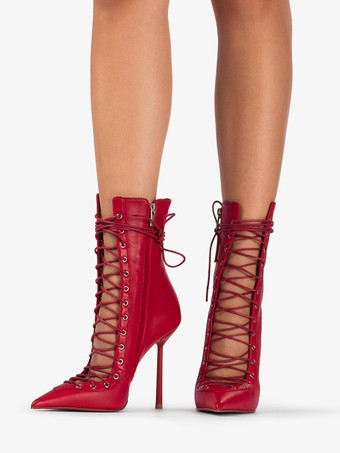 レッド ブラックのアンクルブーツ、レースアップ、ポインテッドトゥ、ハイヒール、ハイヒールブーティ