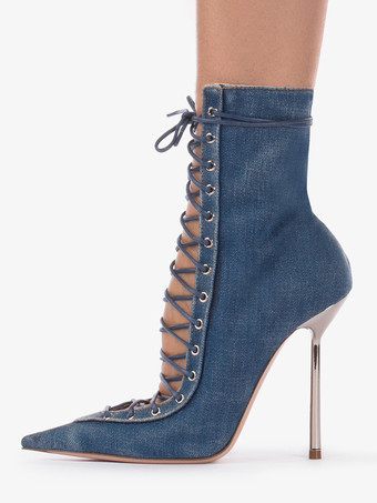 ブルー ブラックのアンクルブーツ、レースアップ、ポインテッドトゥ、ハイヒール、ハイヒールブーティ