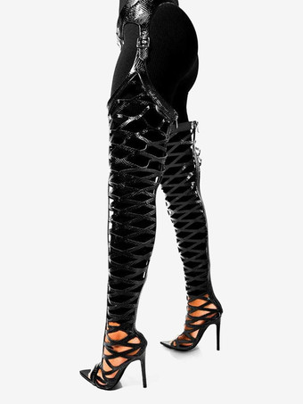 イエローサイハイブーツ、セクシーなオープントゥ、カットアウト、オーバーニーパンツ、ブーツ