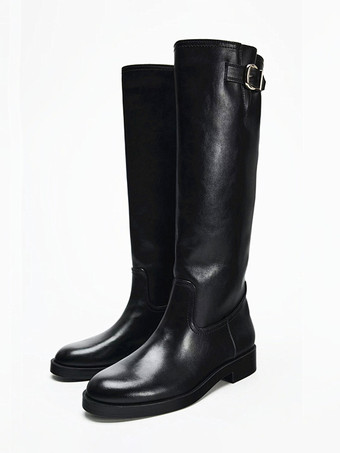 SchwarzSchwarze kniehohe Damenstiefel mit runder Zehenpartie und Schnallendetail flache Reitstiefel