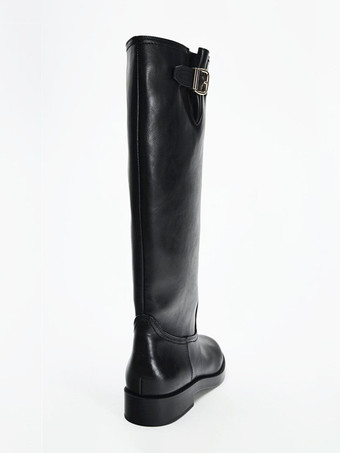 Schwarze kniehohe Damenstiefel mit runder Zehenpartie und Schnallendetail flache Reitstiefel