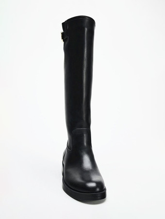 Schwarze kniehohe Damenstiefel mit runder Zehenpartie und Schnallendetail flache Reitstiefel
