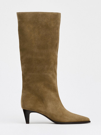 レディースニーハイブーツ スエードポインテッドトゥ キトンヒールブーツ