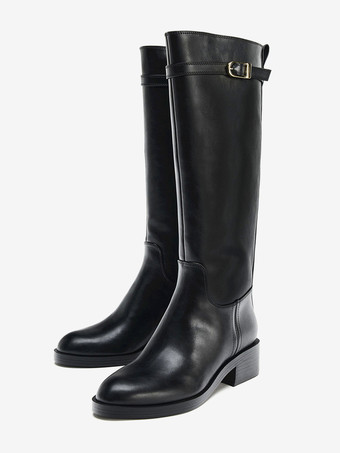 ブラック ブラック乗馬ブーツ レディース ラウンドトゥ バックルディテール ニーハイブーツ