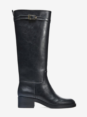 ブラック乗馬ブーツ レディース ラウンドトゥ バックルディテール ニーハイブーツ