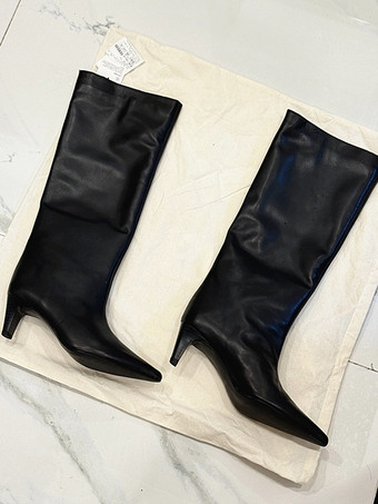 キトンヒールブーツ ブラック ポインテッドトゥ ニーハイブーツ レディース