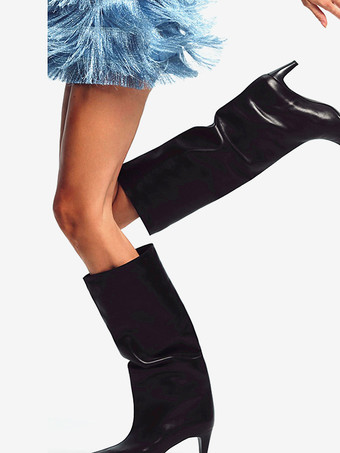 ブラック キトンヒールブーツ ブラック ポインテッドトゥ ニーハイブーツ レディース