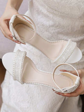 レースウェディングシューズ オープントゥ パール ウェッジヒール アンクルストラップ ブライダルシューズ