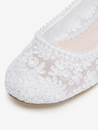 フラットブライダルシューズ ラウンドトゥ パールレース ヴィンテージウェディングシューズ
