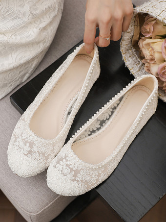 フラットブライダルシューズ ラウンドトゥ パールレース ヴィンテージウェディングシューズ