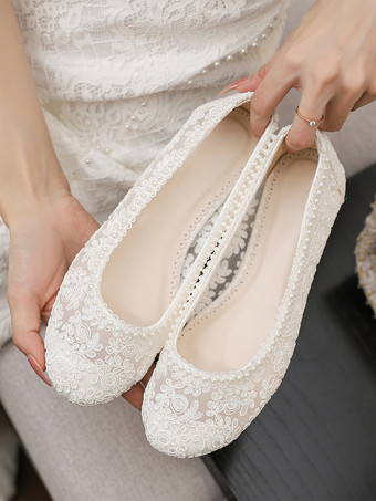 フラットブライダルシューズ ラウンドトゥ パールレース ヴィンテージウェディングシューズ