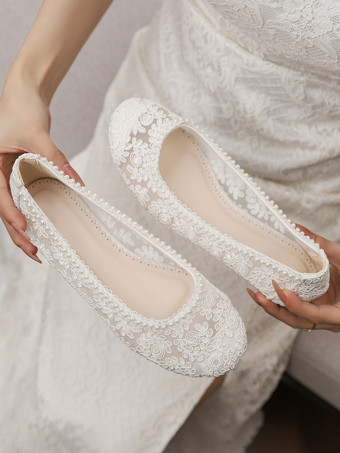 フラットブライダルシューズ ラウンドトゥ パールレース ヴィンテージウェディングシューズ