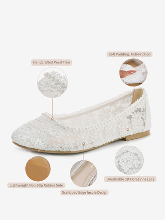 フラットブライダルシューズ ラウンドトゥ パールレース ヴィンテージウェディングシューズ