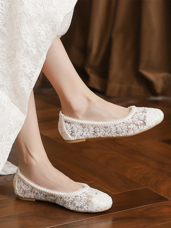 フラットブライダルシューズ ラウンドトゥ パールレース ヴィンテージウェディングシューズ