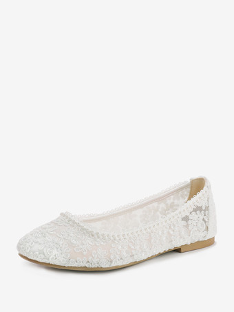 アイボリー フラットブライダルシューズ ラウンドトゥ パールレース ヴィンテージウェディングシューズ