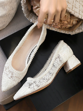 レースブライダルシューズ ポインテッドトゥ チャンキーヒール ウェディングシューズ