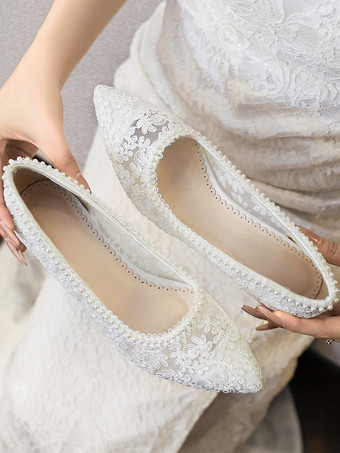 レースブライダルシューズ ポインテッドトゥ チャンキーヒール ウェディングシューズ
