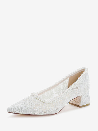 レースブライダルシューズ ポインテッドトゥ チャンキーヒール ウェディングシューズ
