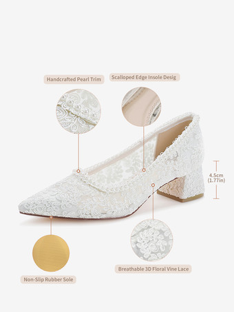 レースブライダルシューズ ポインテッドトゥ チャンキーヒール ウェディングシューズ