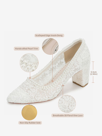 レースウェディングシューズ チャンキーヒール ポインテッドトゥ スリッポン ブライダルシューズ