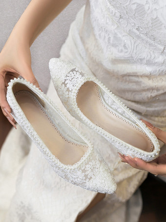 レースウェディングシューズ チャンキーヒール ポインテッドトゥ スリッポン ブライダルシューズ