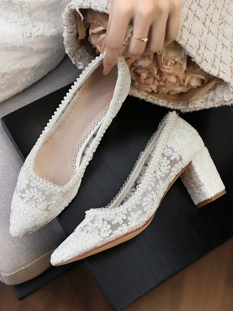 レースウェディングシューズ チャンキーヒール ポインテッドトゥ スリッポン ブライダルシューズ
