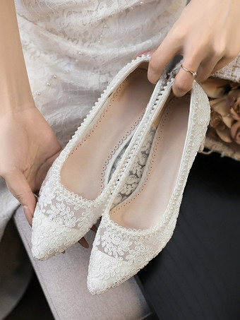 レースウェディングシューズ チャンキーヒール ポインテッドトゥ スリッポン ブライダルシューズ