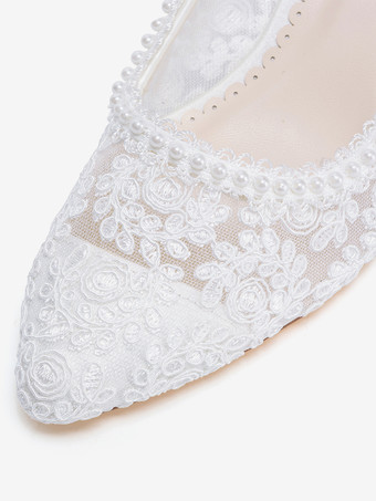 レースウェディングシューズ チャンキーヒール ポインテッドトゥ スリッポン ブライダルシューズ