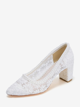 ホワイト レースウェディングシューズ チャンキーヒール ポインテッドトゥ スリッポン ブライダルシューズ
