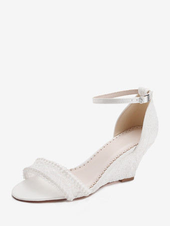アイボリー レースウェディングシューズ オープントゥ パール ウェッジヒール アンクルストラップ ブライダルシューズ