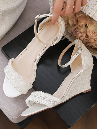 レースウェディングシューズ オープントゥ パール ウェッジヒール アンクルストラップ ブライダルシューズ