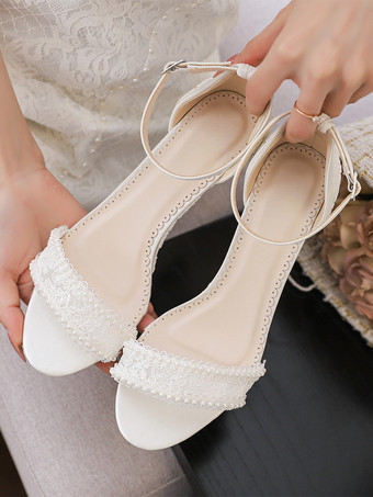 レースウェディングシューズ オープントゥ パール ウェッジヒール アンクルストラップ ブライダルシューズ