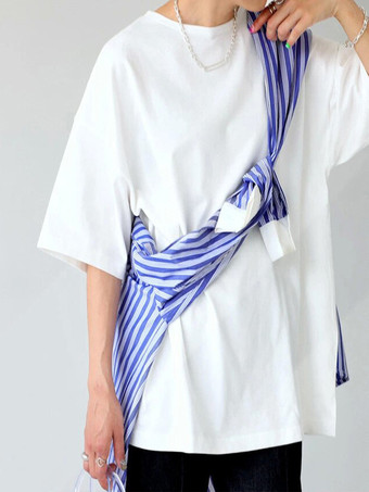 ホワイト カジュアルジュエルネックライトアプリコットハーフスリーブトップスTシャツトップスレディースファッション