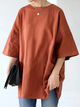 カジュアルジュエルネックライトアプリコットハーフスリーブトップスTシャツトップスレディースファッション