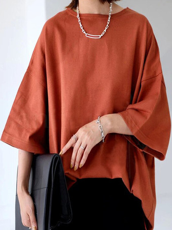 ブリックレッドカジュアルジュエルネックライトアプリコットハーフスリーブトップスTシャツトップスレディースファッション