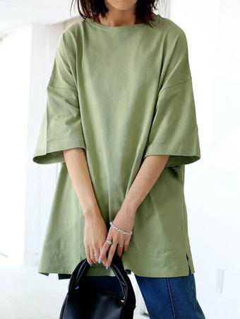 ハンターグリーン カジュアルジュエルネックライトアプリコットハーフスリーブトップスTシャツトップスレディースファッション