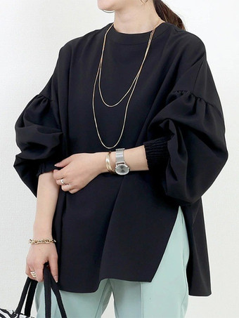 ブラック カジュアル ジュエルネック ランタンスリーブ ホワイト 長袖 スプリットフロント トップ シャツ ブラウス トップス レディース ファッション