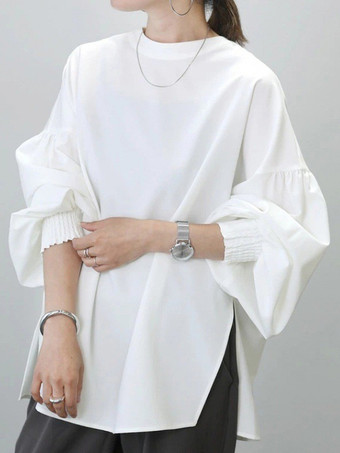 ホワイト カジュアル ジュエルネック ランタンスリーブ ホワイト 長袖 スプリットフロント トップ シャツ ブラウス トップス レディース ファッション