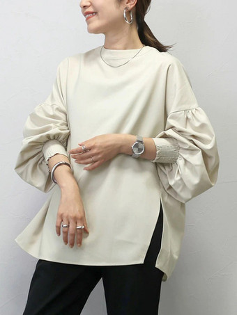 カーキ カジュアル ジュエルネック ランタンスリーブ ホワイト 長袖 スプリットフロント トップ シャツ ブラウス トップス レディース ファッション